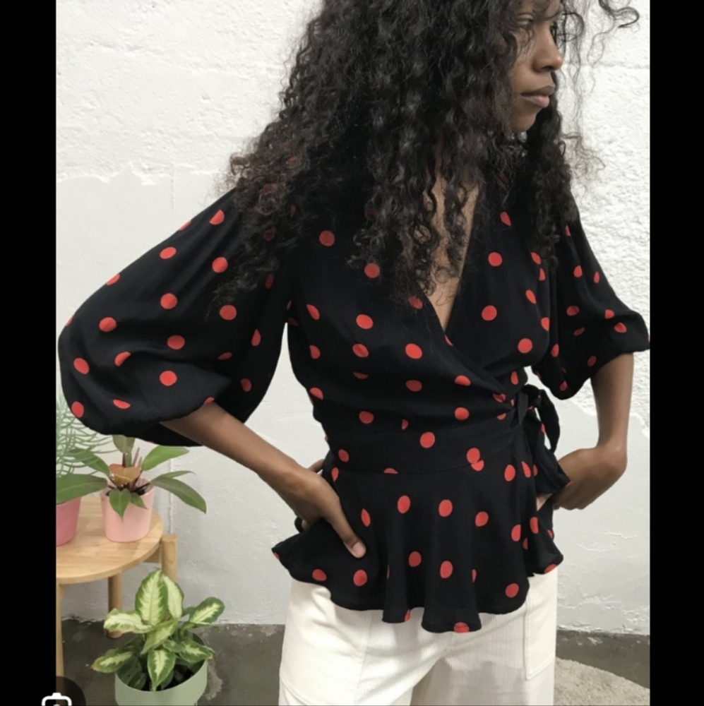 Ganni Barra Crepe Wrap Top Polka Dot 34